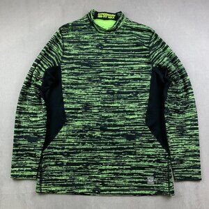 Nike Pro Combat Men Shirt Large Fitted Green Black Striped Hyperwarm Dri-Fit Max